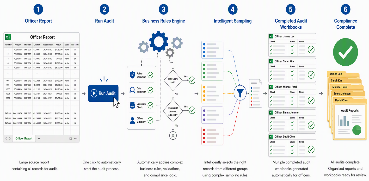 Business rules automation workflow showing report processing, sampling, validation and completed audit workbooks